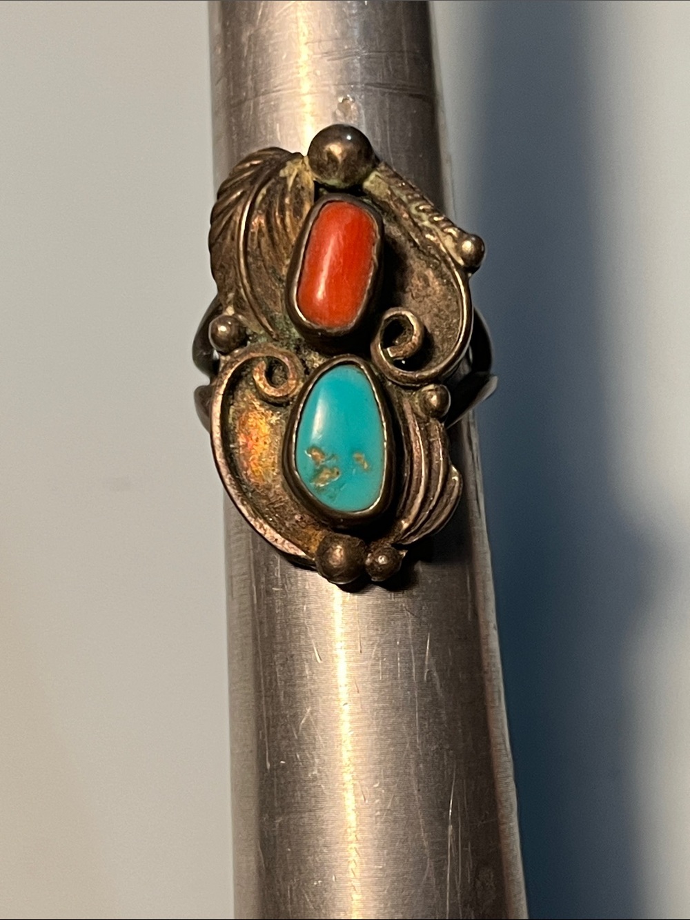 Turquoise and Coral Sterling-Style Statement Ring - Blue & Orange Sz 7